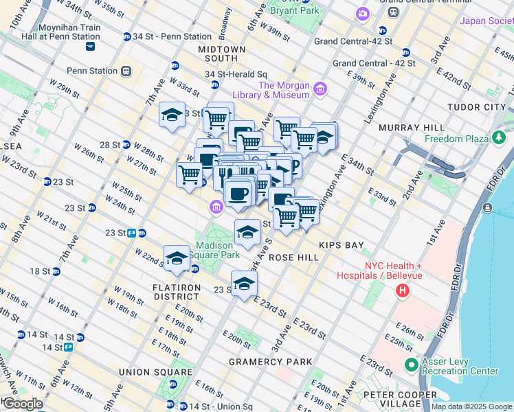 map of restaurants, bars, coffee shops, grocery stores, and more near 79 Madison Avenue in New York