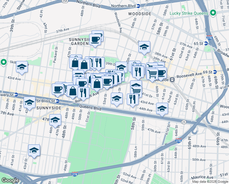map of restaurants, bars, coffee shops, grocery stores, and more near in Queens