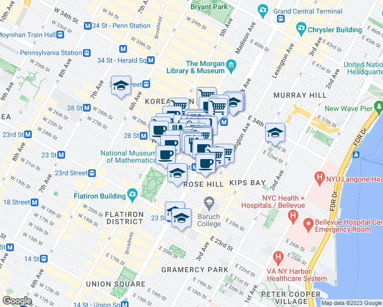 map of restaurants, bars, coffee shops, grocery stores, and more near 29 East 29th Street in New York