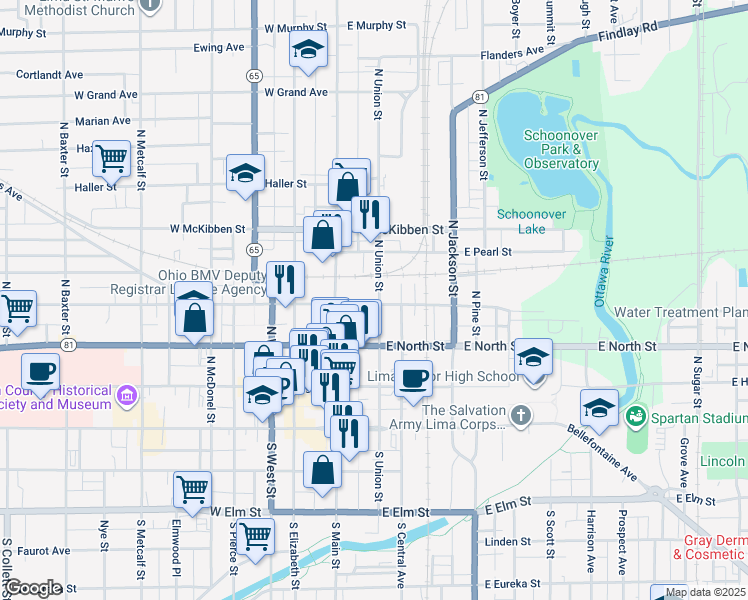 map of restaurants, bars, coffee shops, grocery stores, and more near 139 East Wayne Street in Lima