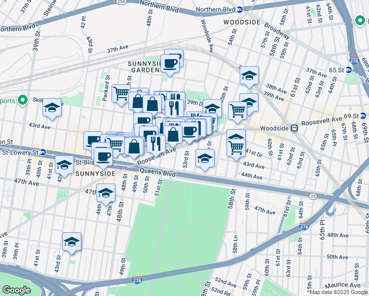 map of restaurants, bars, coffee shops, grocery stores, and more near in Queens