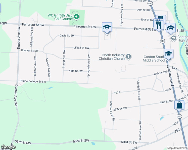 map of restaurants, bars, coffee shops, grocery stores, and more near 814 46th Street Southwest in Canton