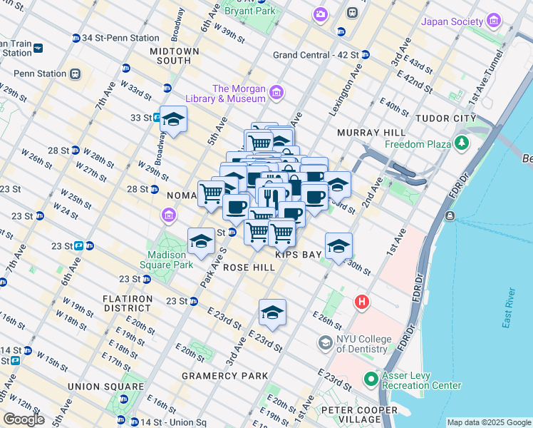 map of restaurants, bars, coffee shops, grocery stores, and more near 127 East 30th Street in New York