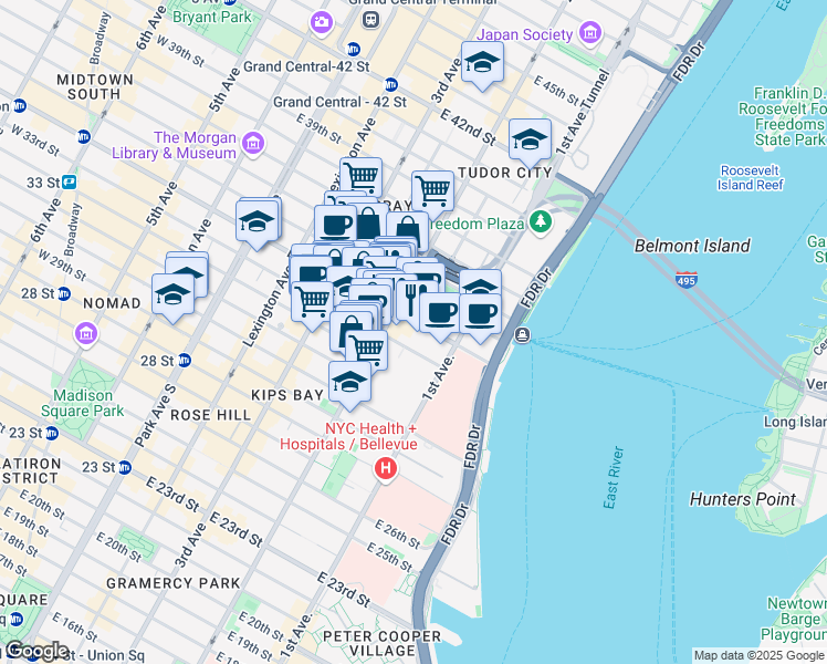 map of restaurants, bars, coffee shops, grocery stores, and more near 316 East 34th Street in New York