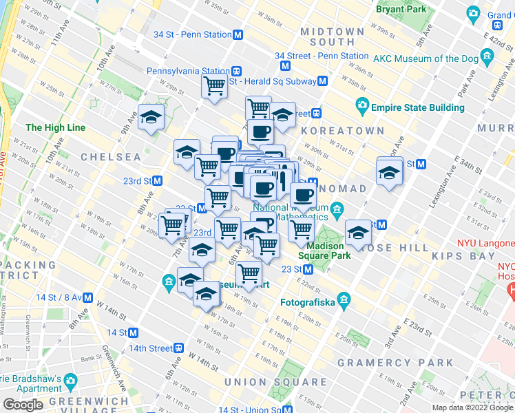 map of restaurants, bars, coffee shops, grocery stores, and more near 751 6th Avenue in New York