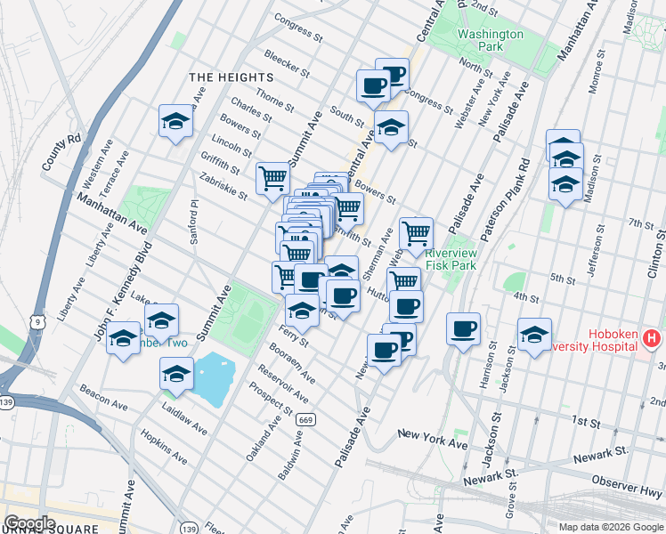 map of restaurants, bars, coffee shops, grocery stores, and more near 50 Cambridge Avenue in Jersey City