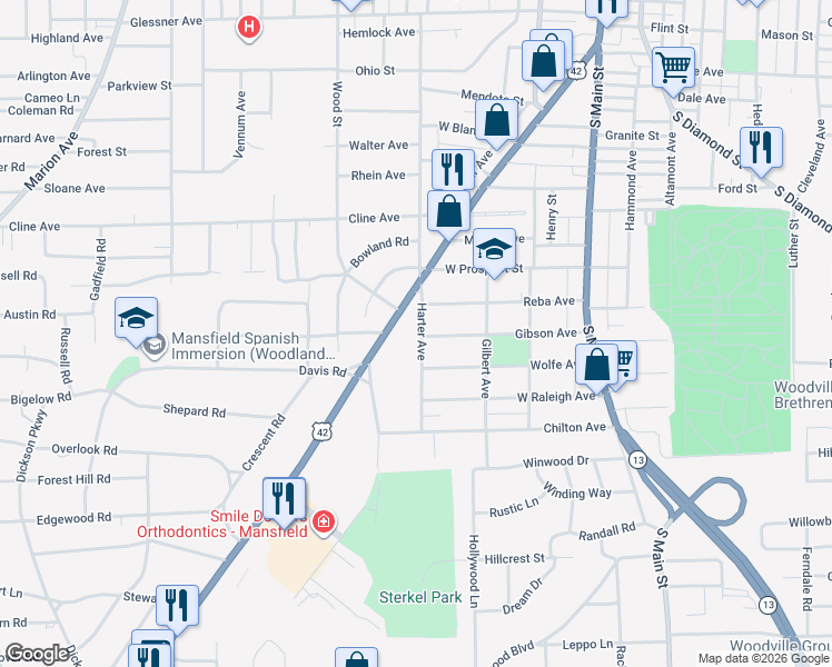 map of restaurants, bars, coffee shops, grocery stores, and more near 528 Harter Avenue in Mansfield