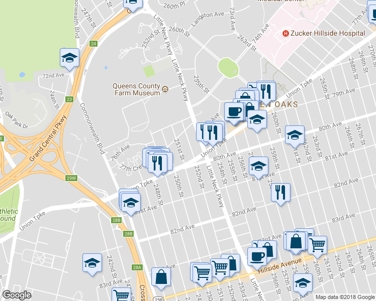 map of restaurants, bars, coffee shops, grocery stores, and more near 77-44 252nd Street in Queens