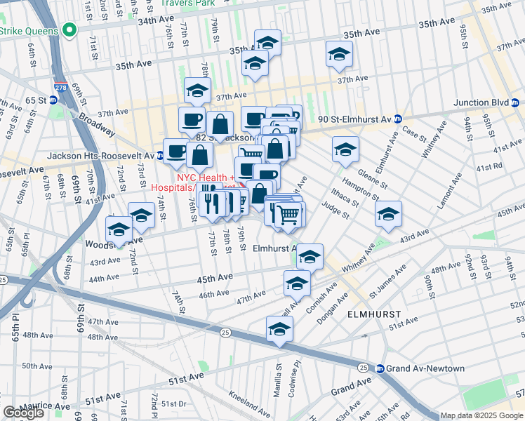 map of restaurants, bars, coffee shops, grocery stores, and more near 79-01 Broadway in Queens