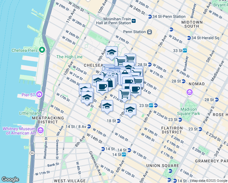 map of restaurants, bars, coffee shops, grocery stores, and more near 240 West 22nd Street in New York