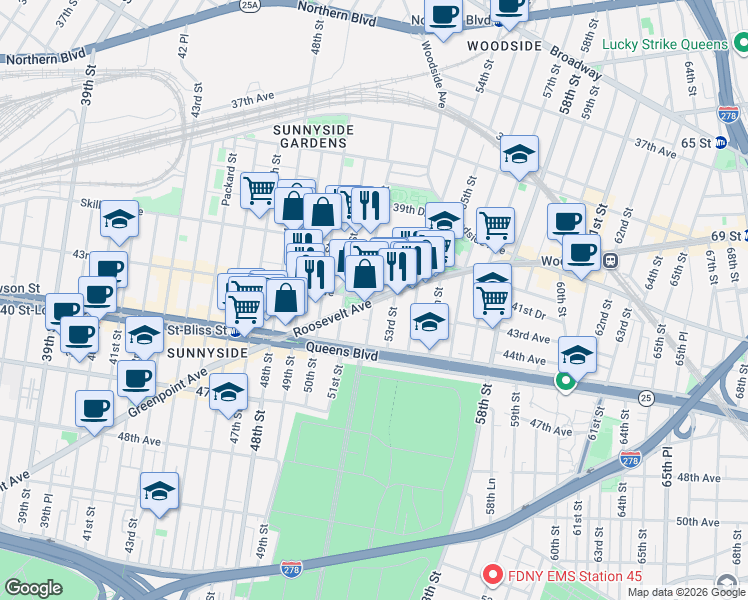 map of restaurants, bars, coffee shops, grocery stores, and more near Roosevelt Avenue & 52nd Street in Queens