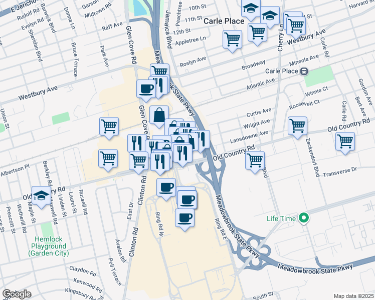 map of restaurants, bars, coffee shops, grocery stores, and more near 179 Old Country Road in Carle Place