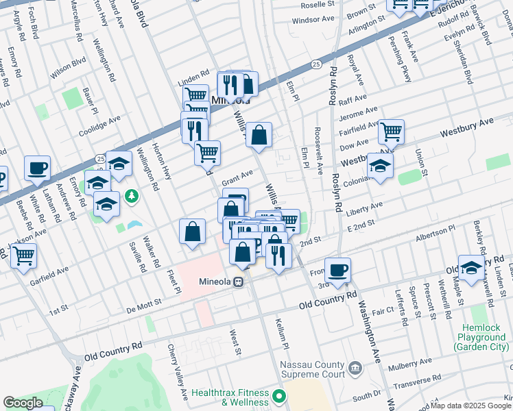 map of restaurants, bars, coffee shops, grocery stores, and more near 162 Cleveland Avenue in Mineola