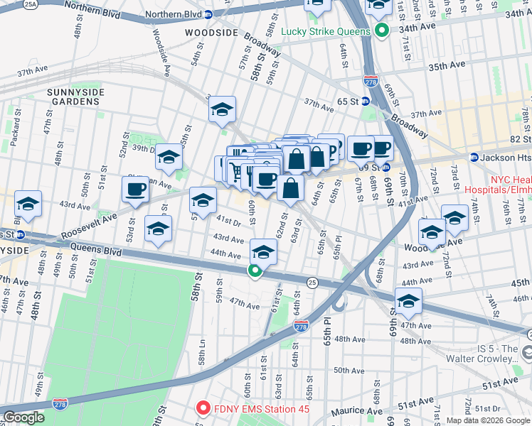 map of restaurants, bars, coffee shops, grocery stores, and more near 61-04 Woodside Avenue in Queens