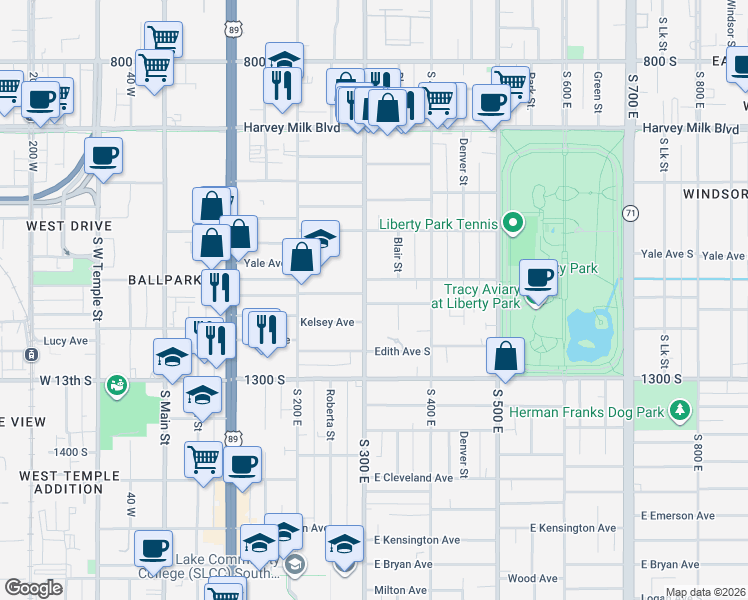 map of restaurants, bars, coffee shops, grocery stores, and more near 1123 South 300 East in Salt Lake City