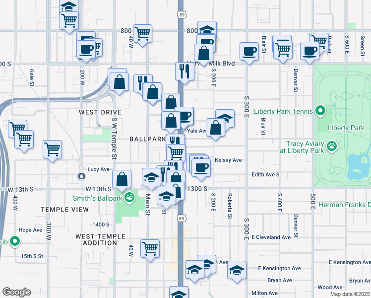 map of restaurants, bars, coffee shops, grocery stores, and more near 1121 South State Street in Salt Lake City
