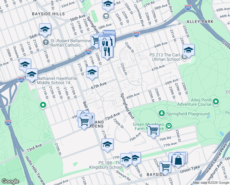 map of restaurants, bars, coffee shops, grocery stores, and more near 6750 Springfield Boulevard in Queens