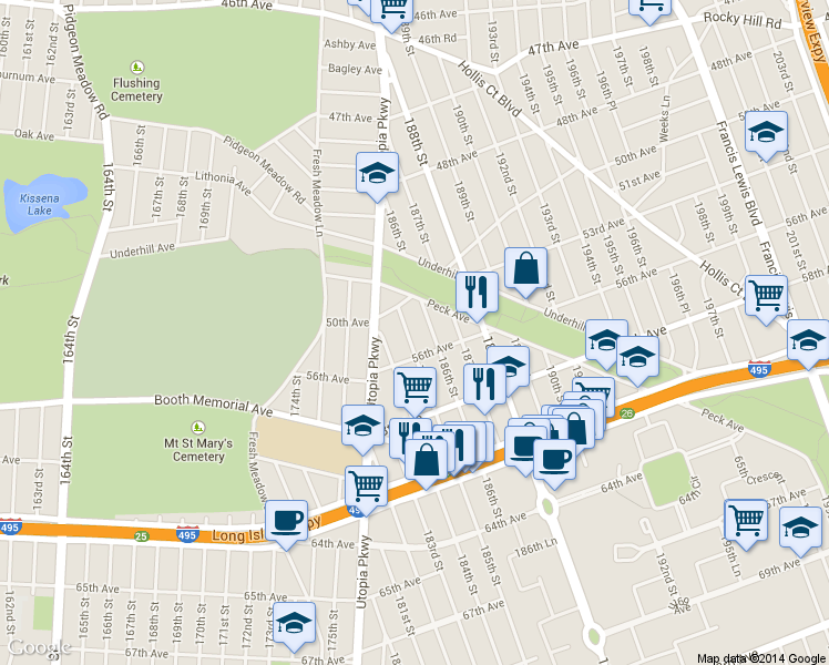 map of restaurants, bars, coffee shops, grocery stores, and more near 50-17 185th Street in Queens