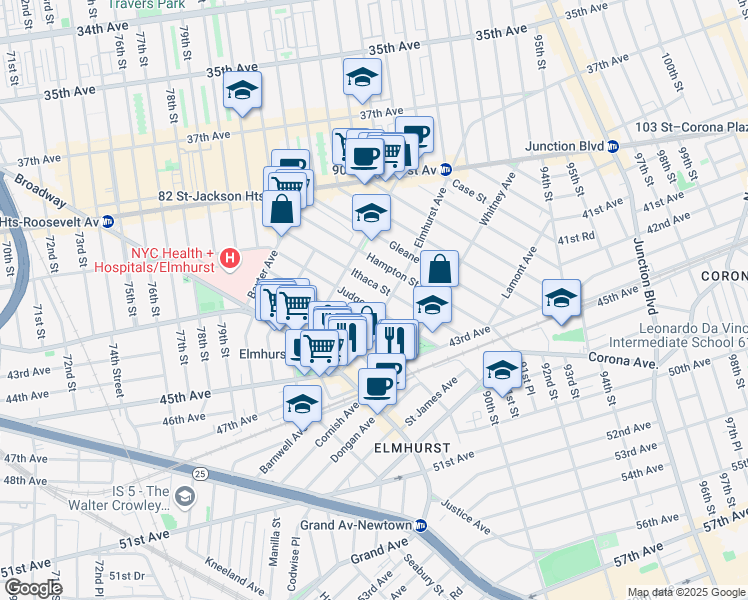 map of restaurants, bars, coffee shops, grocery stores, and more near 41-42 Ithaca Street in Queens