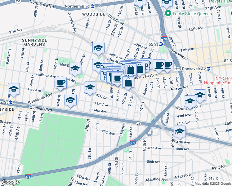 map of restaurants, bars, coffee shops, grocery stores, and more near 61-04 Woodside Avenue in Queens