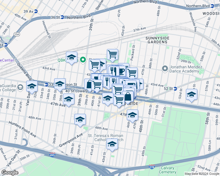 map of restaurants, bars, coffee shops, grocery stores, and more near 43-24 43rd Street in Queens