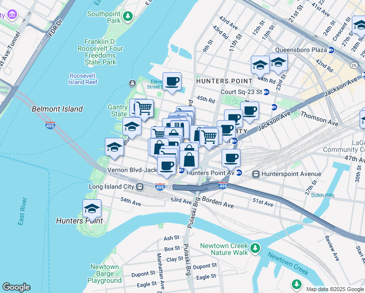 map of restaurants, bars, coffee shops, grocery stores, and more near 10-12 47th Road in Queens