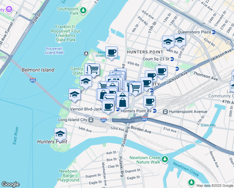 map of restaurants, bars, coffee shops, grocery stores, and more near 10-12 47th Road in Queens