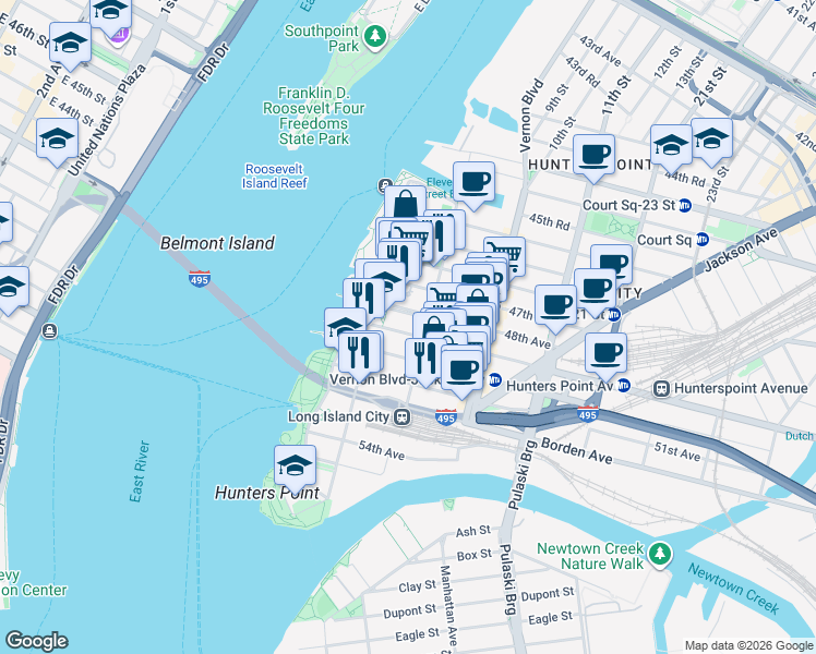 map of restaurants, bars, coffee shops, grocery stores, and more near 4-74 48th Avenue in Queens