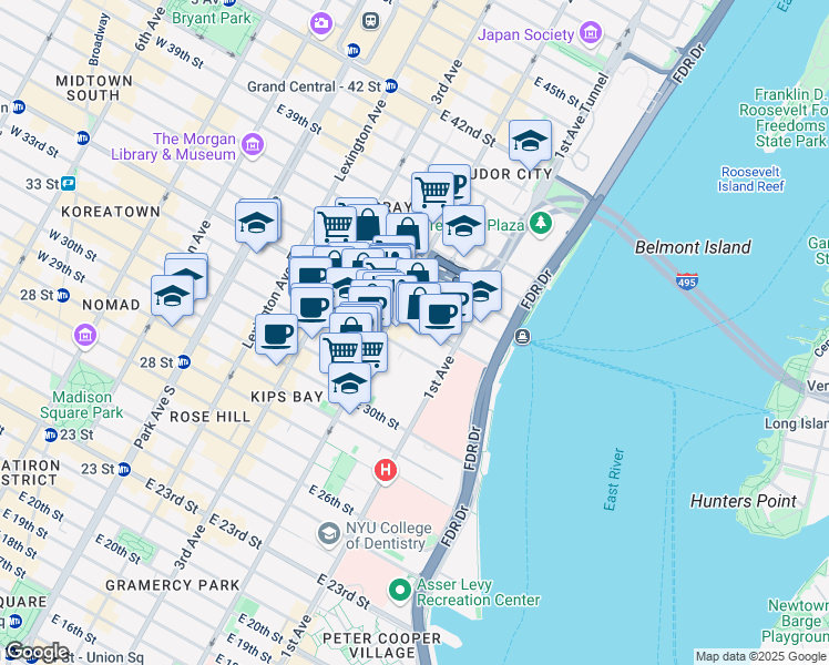 map of restaurants, bars, coffee shops, grocery stores, and more near 604 2nd Avenue in New York