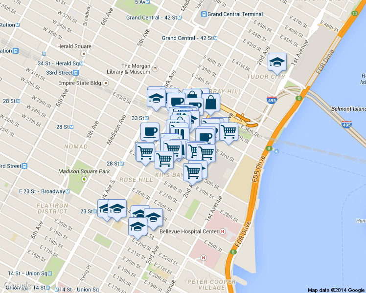 map of restaurants, bars, coffee shops, grocery stores, and more near in New York