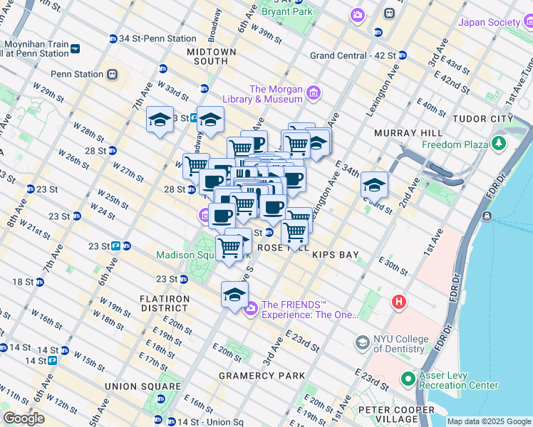 map of restaurants, bars, coffee shops, grocery stores, and more near 79 Madison Avenue in New York