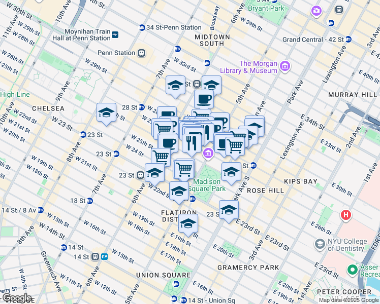 map of restaurants, bars, coffee shops, grocery stores, and more near 1155-1157 Broadway in New York