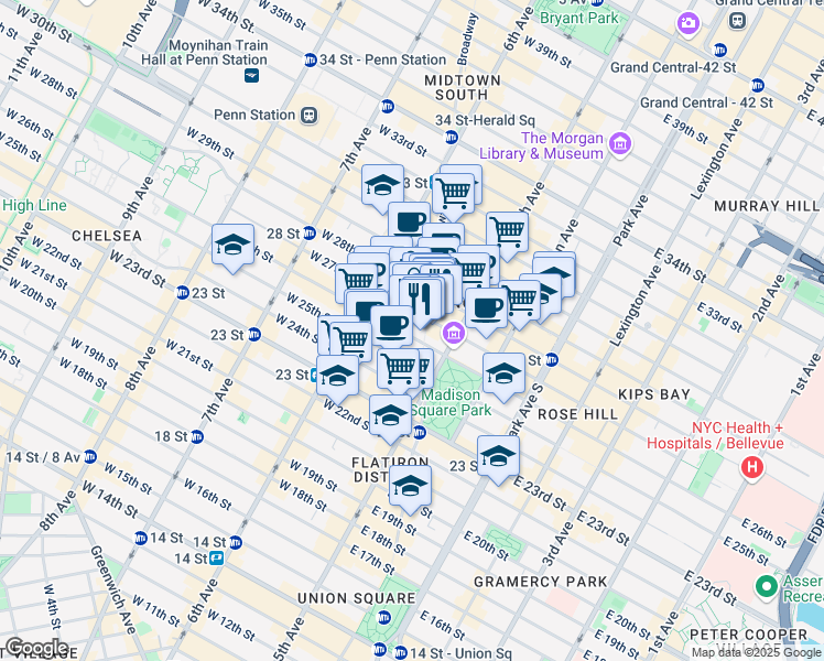 map of restaurants, bars, coffee shops, grocery stores, and more near 1157 Broadway in New York