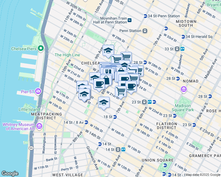 map of restaurants, bars, coffee shops, grocery stores, and more near 240 West 22nd Street in New York