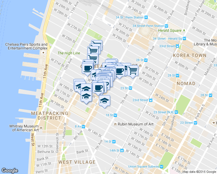 map of restaurants, bars, coffee shops, grocery stores, and more near 219 8th Avenue in New York