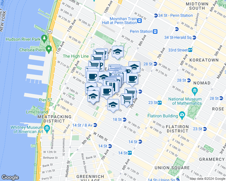 map of restaurants, bars, coffee shops, grocery stores, and more near 219 8th Avenue in New York