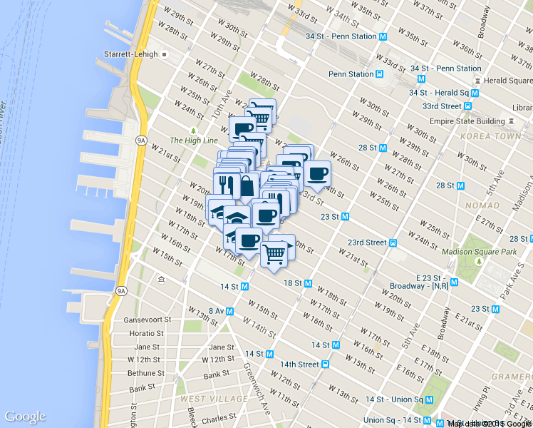 map of restaurants, bars, coffee shops, grocery stores, and more near 326 West 21st Street in New York