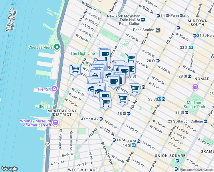 map of restaurants, bars, coffee shops, grocery stores, and more near 326 West 21st Street in New York