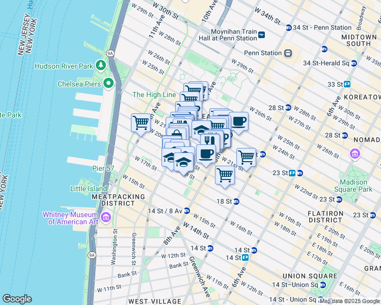 map of restaurants, bars, coffee shops, grocery stores, and more near 326 West 21st Street in New York