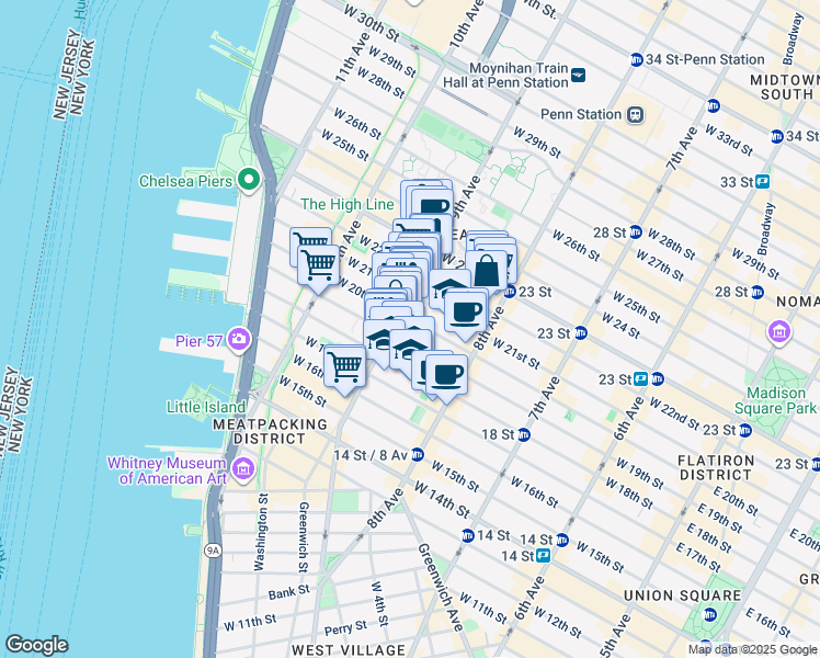 map of restaurants, bars, coffee shops, grocery stores, and more near 162 9th Avenue in New York