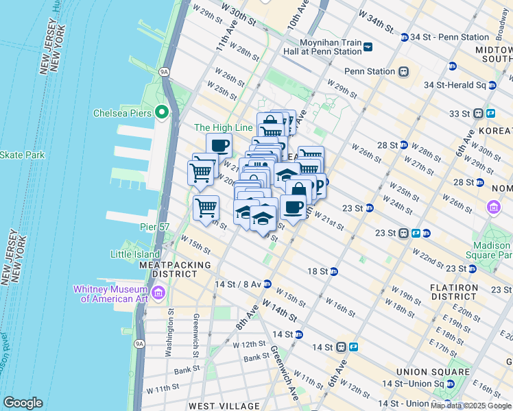 map of restaurants, bars, coffee shops, grocery stores, and more near 162 9th Avenue in New York