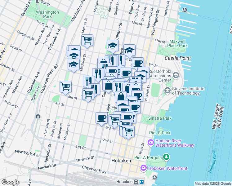 map of restaurants, bars, coffee shops, grocery stores, and more near in Hoboken