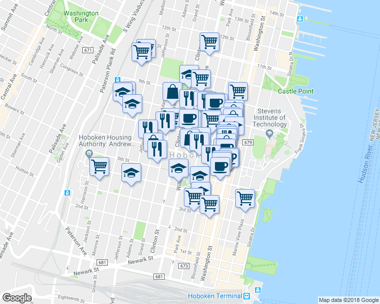 map of restaurants, bars, coffee shops, grocery stores, and more near in Hoboken