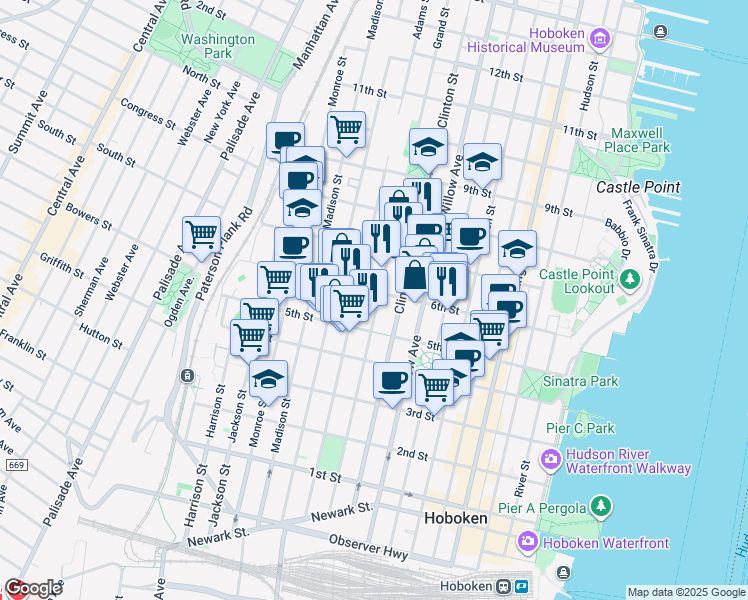 map of restaurants, bars, coffee shops, grocery stores, and more near 533 Adams Street in Hoboken
