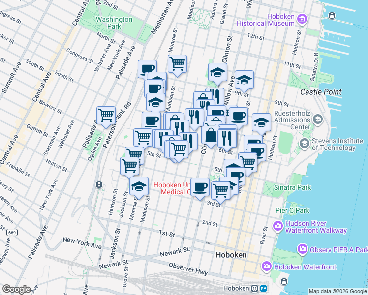 map of restaurants, bars, coffee shops, grocery stores, and more near 533 Adams Street in Hoboken