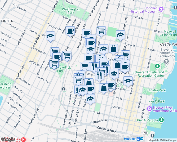 map of restaurants, bars, coffee shops, grocery stores, and more near 518 Monroe Street in Hoboken