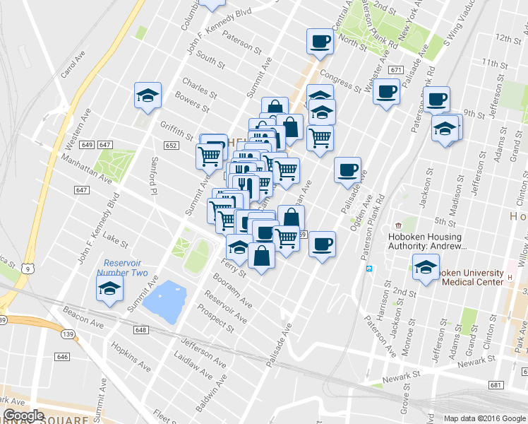 map of restaurants, bars, coffee shops, grocery stores, and more near 50 Cambridge Avenue in Jersey City