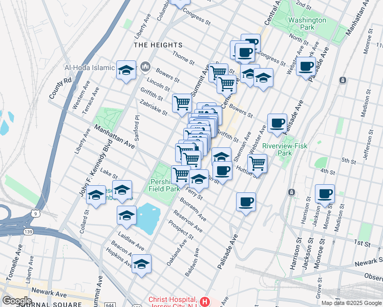 map of restaurants, bars, coffee shops, grocery stores, and more near 270 Central Avenue in Jersey City