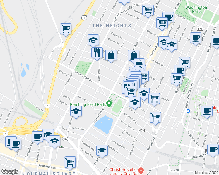 map of restaurants, bars, coffee shops, grocery stores, and more near 146 Manhattan Avenue in Jersey City