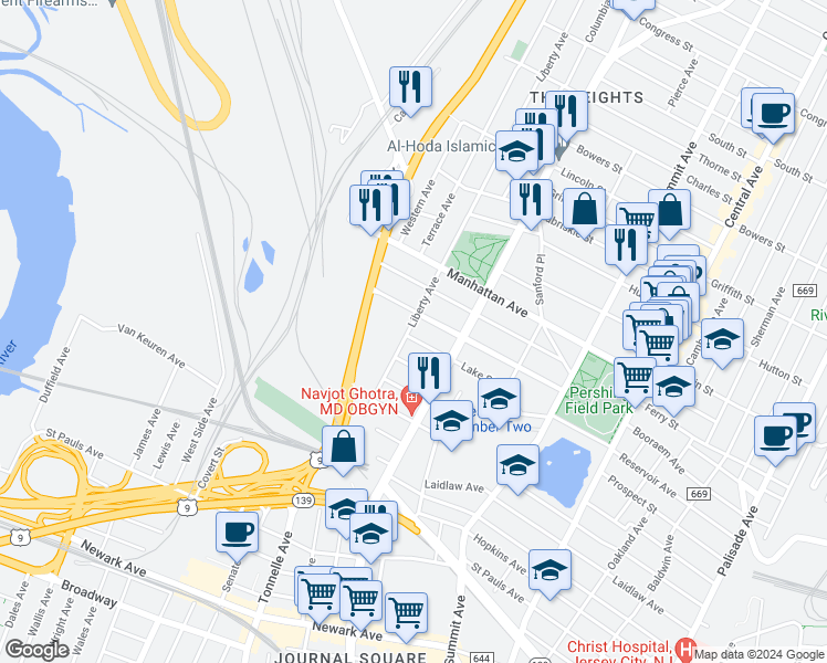 map of restaurants, bars, coffee shops, grocery stores, and more near 227 Liberty Avenue in Jersey City